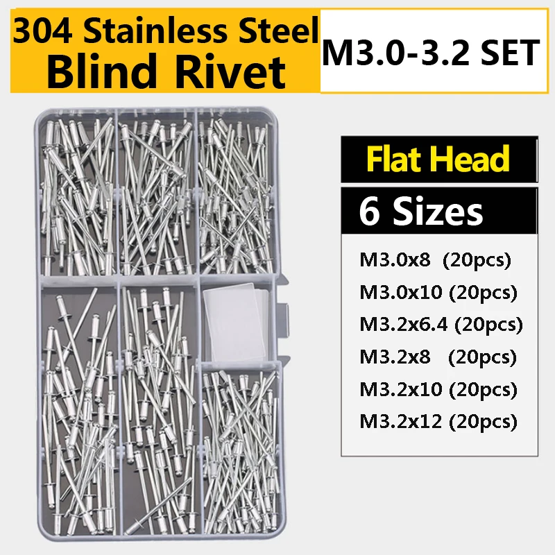 

304 stainless steel Self Plugging Open End Dome Head Pop Blind Rivets Assortment Kit Set Sheet Metal, Automotive Duct Work