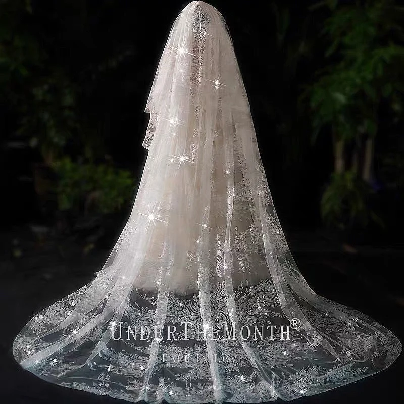 

Elegant Wedding Bridal Veils 3.8M Long Cathedral Lace Edge Bridal Veil Shiny With Comb White Wedding Accessories Velos De Novia