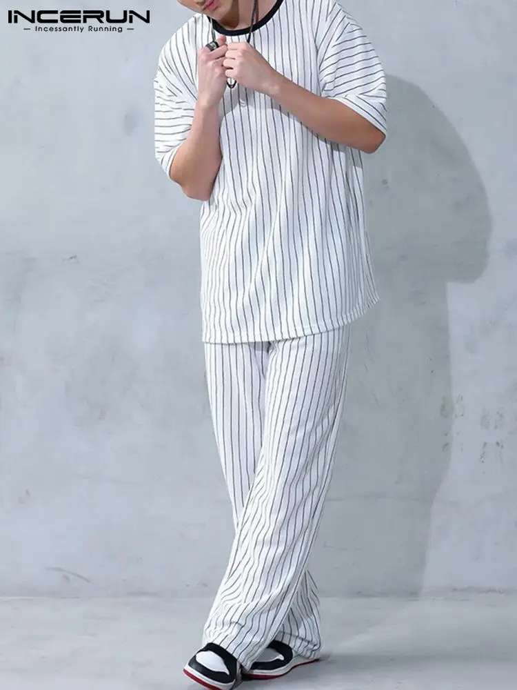 

Fashion Casual New Men All-match Strip Suit 2 Pieces INCERUN 2022 Handsome Male Loose Comfotable Stylish Streetwear Suits S-5XL