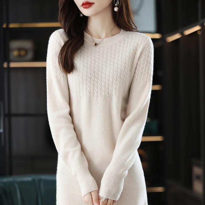 100% Pure Wool Women's Pullover Dress Mid-length Sweater Skirt Round Neck Knitted Fashion Allmatch Solid Color Autumn Winter New