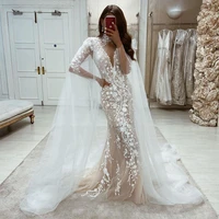 sevintage luxury mermaid lace applique wedding dresses with jackets long sleeves v neck bridal dress wedding gowns plus size