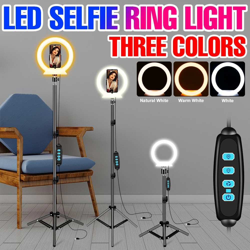 

3 Color Mode LED Ring Light USB Selfie Photography Lighting 26CM Lamp Rim With Tripod RingLight Dimmable For Live Studio Video