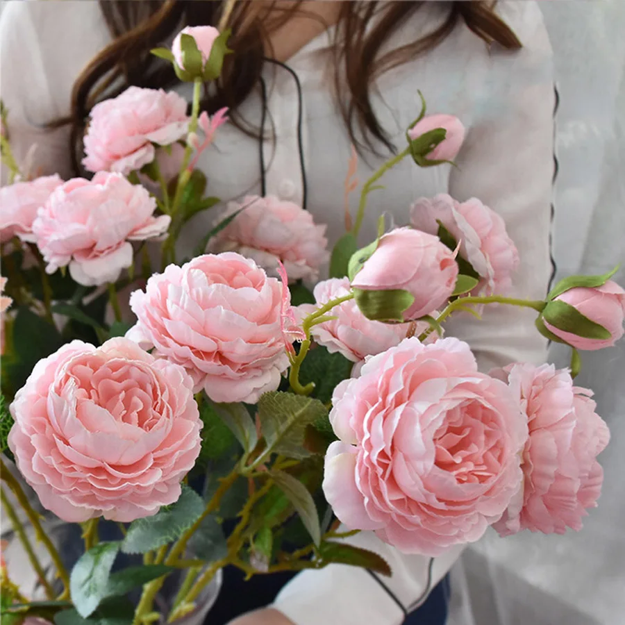 

Artificial Rose Peony Silk Flowers DIY Long Branch 3 Heads Peonies Fake Flowers Faux Flowers Wedding Stage Backdrop Decoration