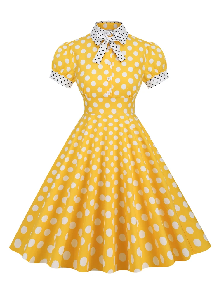 

2023 New Casual Contrast Dotted Collar and Cuff Bow Front Button Up Rockabilly Dress Women 50s Pinup Cotton Vintage Midi Dresses