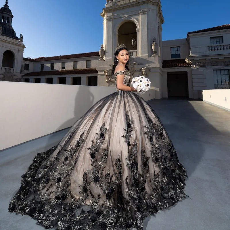 

Doymeny Black Princess Tulle Ball Gown Quinceanera Dresses Meninas De 15 Anos Appliques 3DFlower Ballkleid Vestidos De Debutante