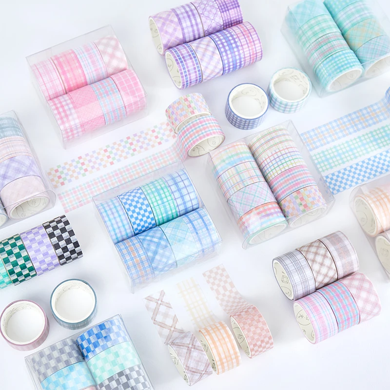 

8pcs Plaid Paper Washi Tapes Set 20mm Square Lattice Color Adhesive Masking Tape Stickers Decoration for Book Album F7003