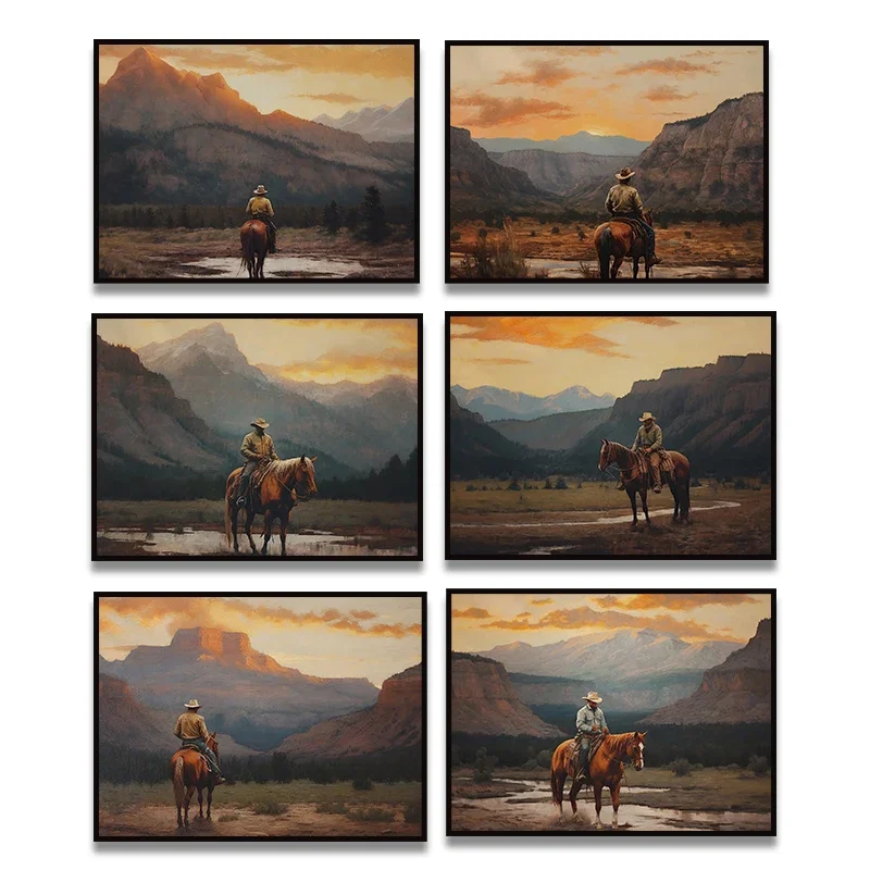 Сюрреалистисты винтажный пейзаж ковбой и лошади холст середины века картина