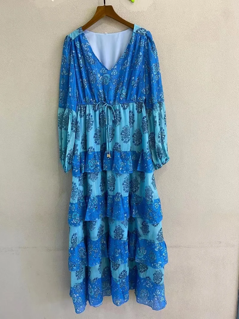 New 2022 Autumn Dress High Quality Women V-Neck Vintage Floral Print Lurex Yarn Patchwork Long Sleeve Straight Casual Blue Dress