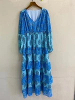 new 2022 autumn dress high quality women v neck vintage floral print lurex yarn patchwork long sleeve straight casual blue dress