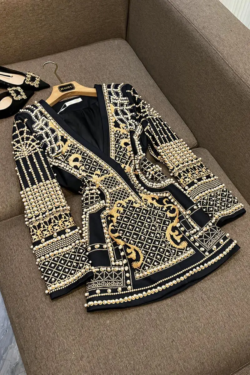 French Retro Printed Women's Jacket 2023 Spring New Fashion V-neck Long-Sleeved Thickened Mid-Length Suit Coat All-Matching