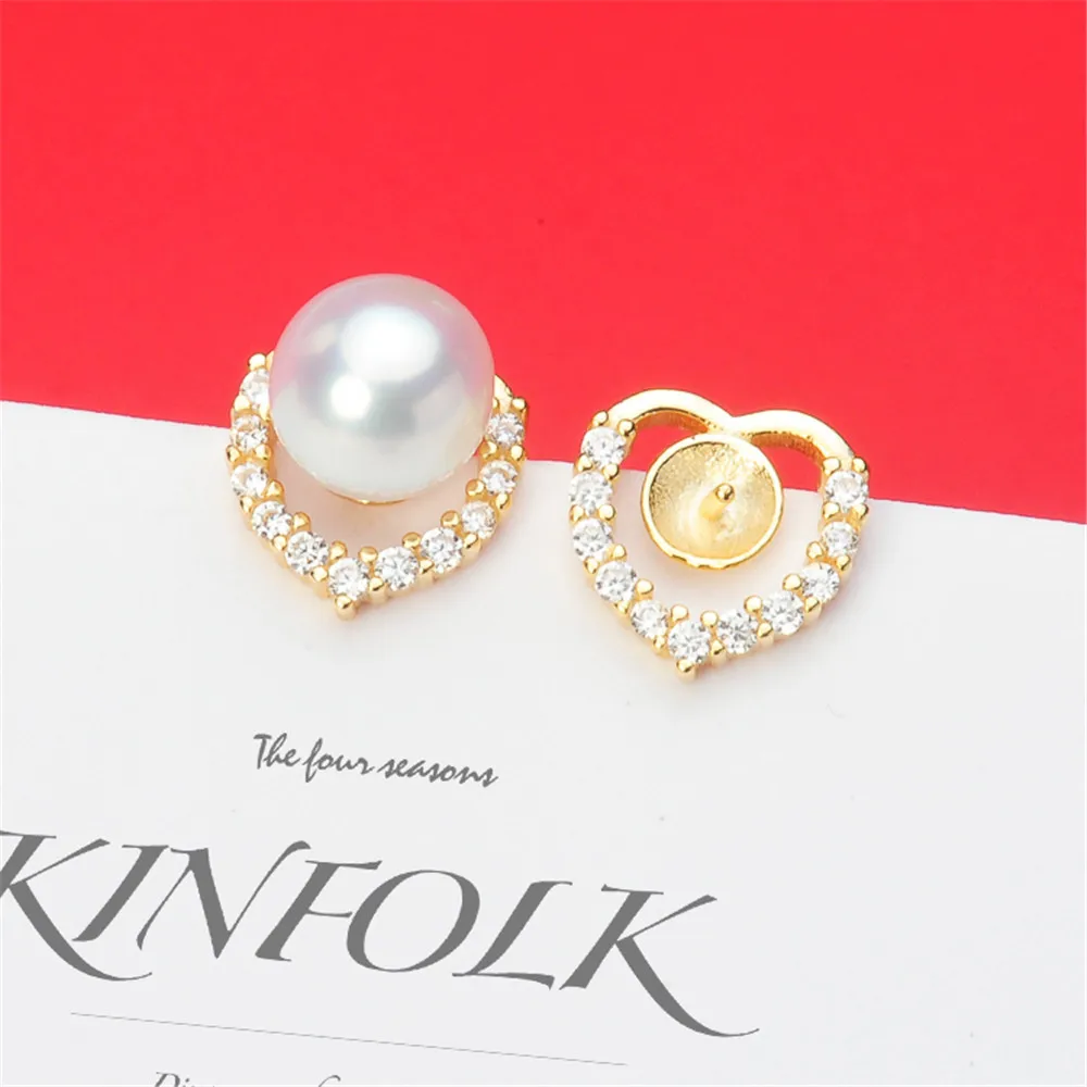 

DIY Pearl Jade Accessories S925 Silver Heart Ear Studs Empty Fit 5-6mm Beads