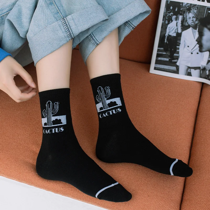 3 Pairs/Box Simple Letter Cactus Stockings Cotton Harajuku Black White Smile Soft Fashion Funny Long Men Women Socks Gifts Pack