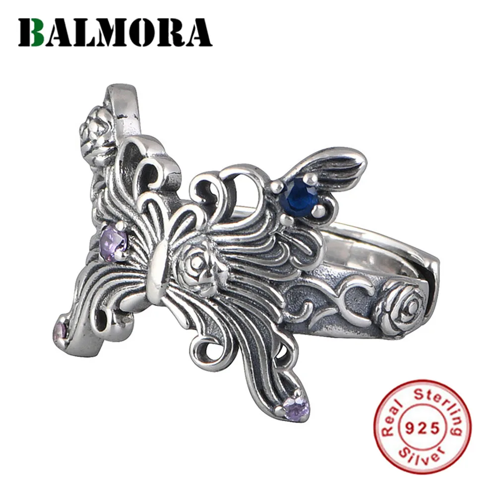 

BALMORA Real S925 Silver Vintage Butterfly Stacking Finger Rings for Men Women Special Gift Insect Fashion Adjustable Jewelry