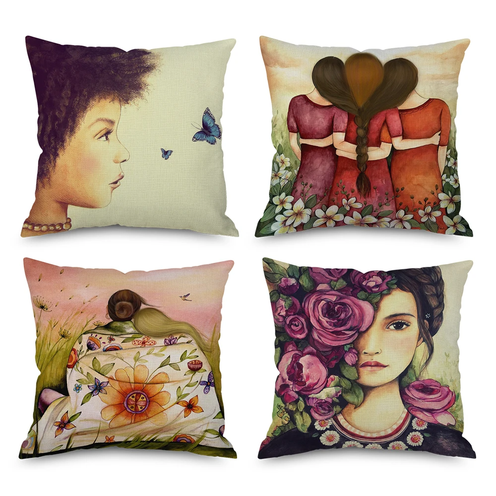 

Watercolor Cartoon Art Beautiful Young Girl Lady Fashion Sunflower Home Decorative Sofa Throw Pillow Case Car Cushion Cover