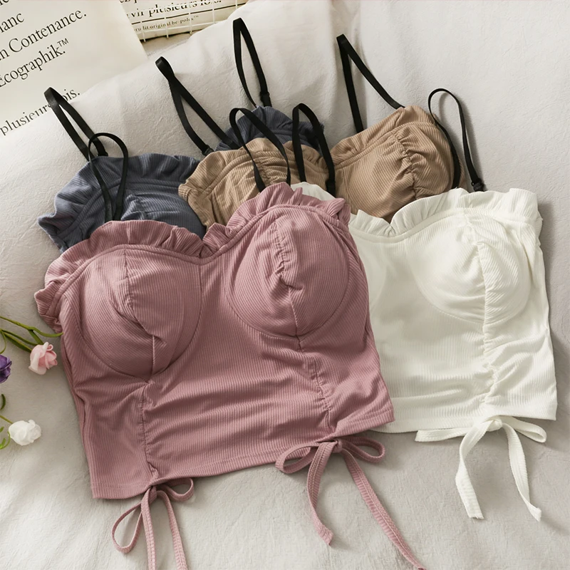 

Korean drawstring pleated bow crop tops sexy spaghetti strap tanke top women built in bra 2022 new fungus camisole fashion hot