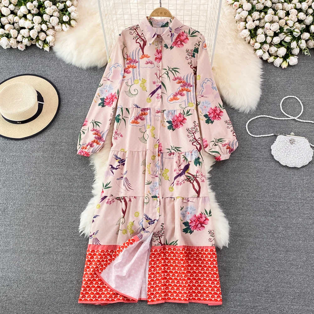 

2022 весеннее и летнее Новое свободное однобортное платье с длинными рукавами и отворотом, платье с принтом для морского отдыха, большое свободное платье