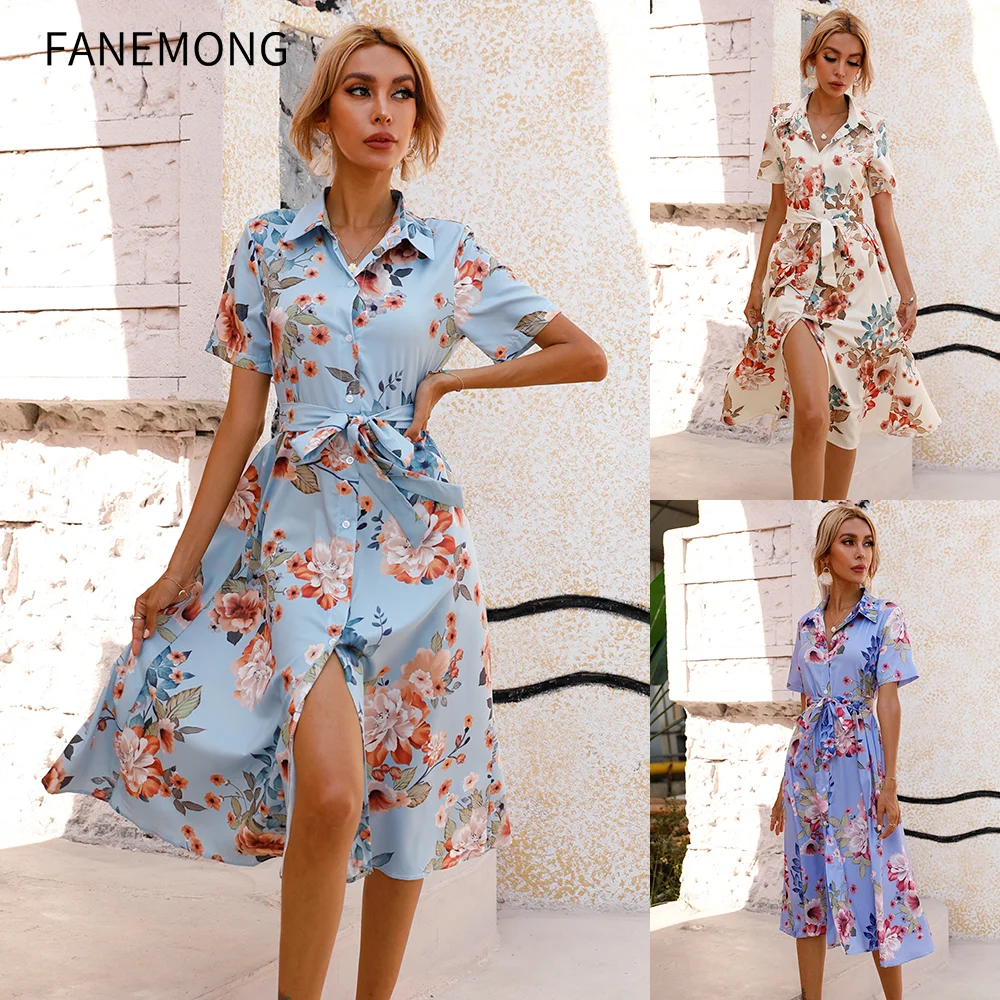 

Летняя женская одежда, однобортное платье с цветочным принтом и отложным воротником с коротким рукавом