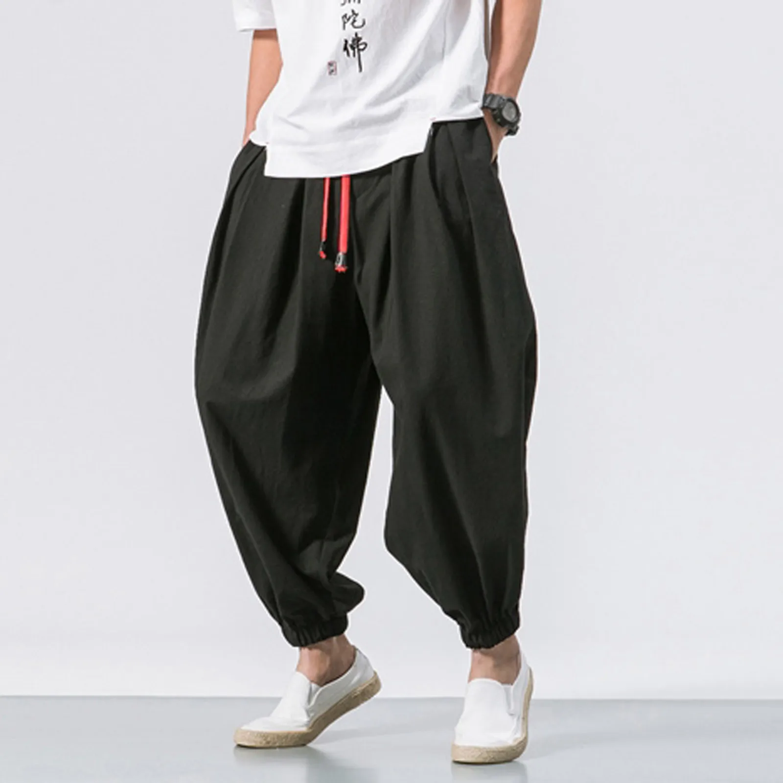 

Casual Leg Pants Wide Solid Pants Loose Harem Elasticated Fashion Cotton Men'S Color With Pockets Cotton Men Pants Drawstring