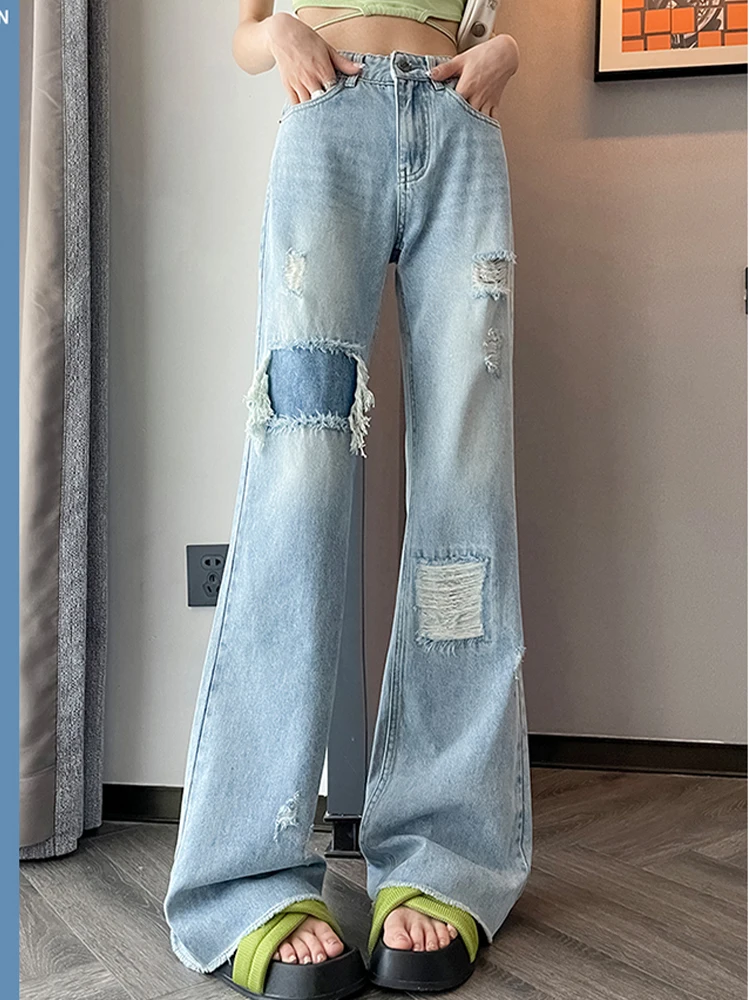 

High Quality Irregularly Perforated High Waisted Jeans With Raw Edges And Flared Pants 2023 New Fashionable Women'S Clothing