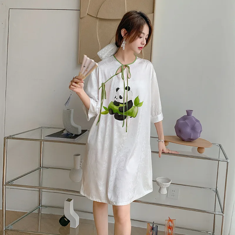 New Satin Nightdress Female Summer National Style New Chinese Style Silk Pajamas Cute Panda Home Clothes