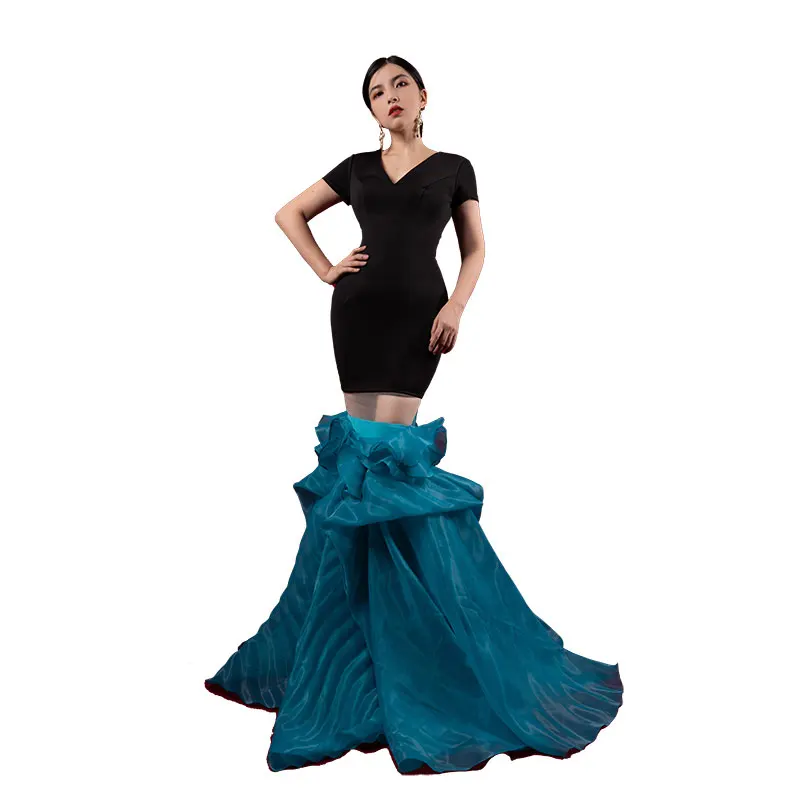 Женское вечернее платье Bai Sha черное синее двухцветное приталенное с V-образным