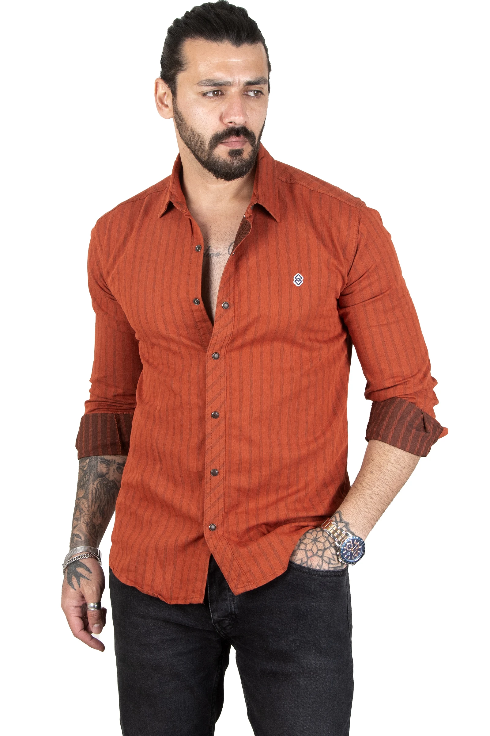

DeepSEA Striped Embroidery Narrow Long Sleeve Men's Jeans Shirt 2201886