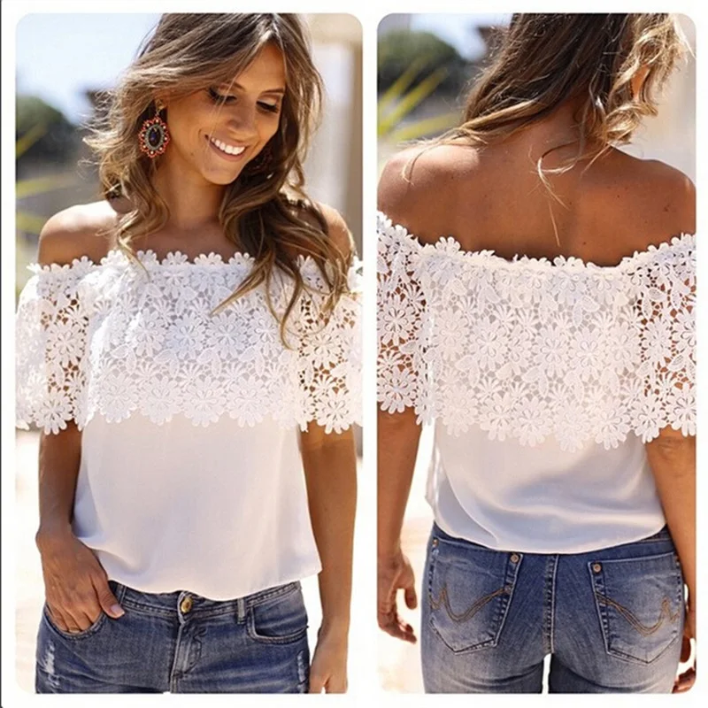 

Sexy Lace Embroidery Short Sleeve Spring Summer O-Neck Blouse Shirts Solid Casual Women Tops Blusa Streetwear 2XL