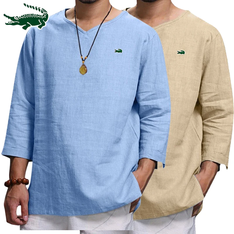 

2023High quality men's spring/summer new long sleeved cotton linen shirt business casual loose fitting T-shirt shirt top M-4XL