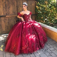burgundy princess quinceanera dresses sparkly tulle beading appliques v neck off shoulder sweet 15 ball gowns grils vestidos de