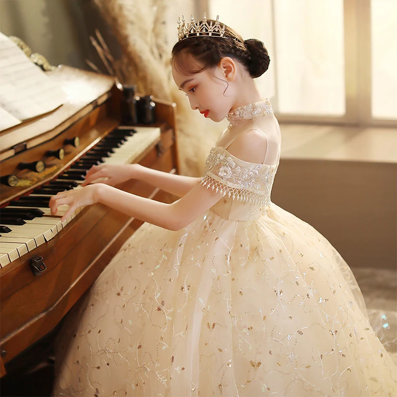 Детское длинное платье цвета шампанского для празднования торжества роскошные