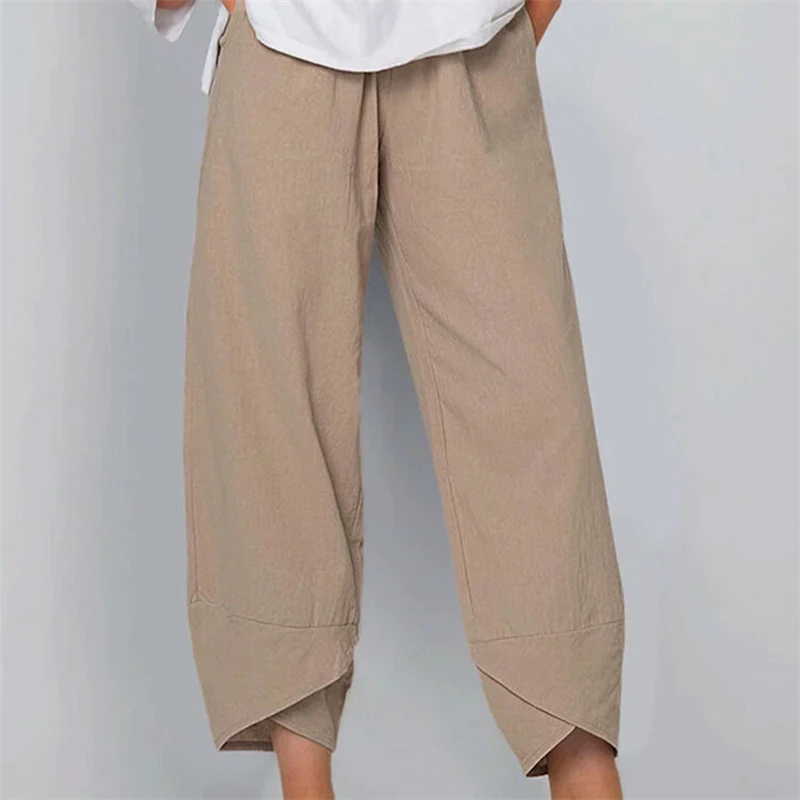 

Брюки-султанки женские с винтажным принтом, повседневные хлопково-льняные широкие штаны с эластичным поясом, свободные брюки, лето