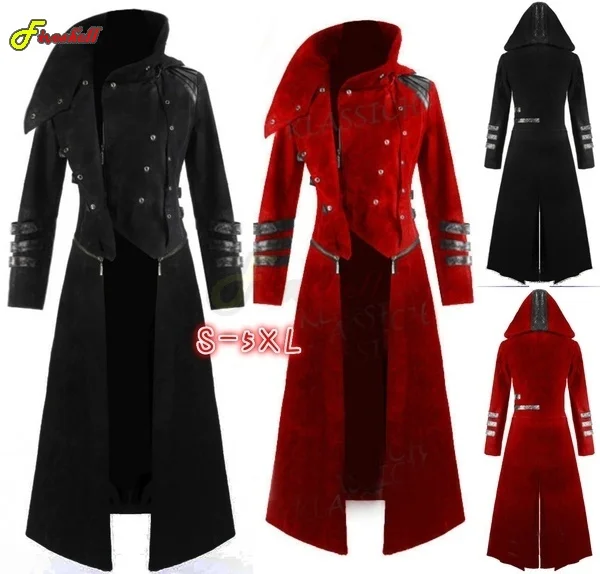 

Mens Gothic Steampunk Vintage Medieval Vampire Devil Red Coat Trench Cosplay Costume Victorian Court Nobles Tailcoat Overcoat