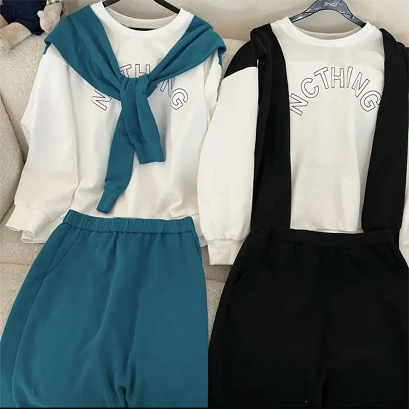 Spring Autumn Casual Suit for Womens Comes with a Shawl and Fake Two Piece Sweater Skirt Letter Print Plus Size Two Piece Sets