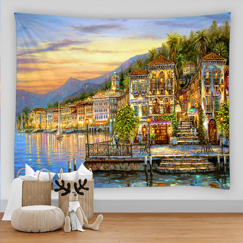 

Красивый морской фон, 3D печать, маленький город, природный пейзаж, настенная подвеска, домашний декор для спальни, Tapiz