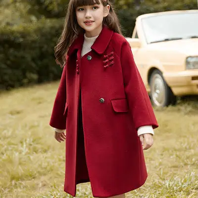 

Woolen Jacket for Girl Red Winter Korean Teenager Girls Wool Coats Mid-Length New Year Clothes Childrens Clothing 10 12Y Autumn