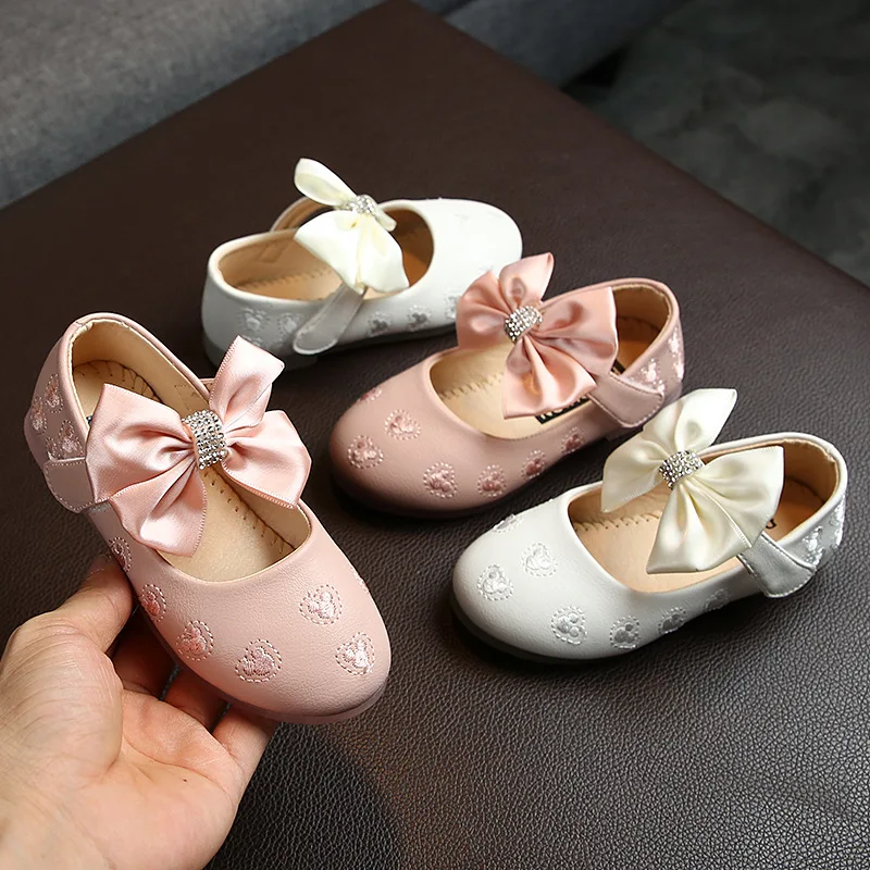 Children PU Leather Shoes Baby Toddler Kids Flat Shoes Cartoon Embroidery Rhinestone Bow Fashion Princess Girl Party Dance Shoes