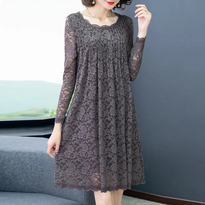 

Женское Повседневное платье, Осень-зима 2023, Новое кружевное платье, женское кружевное платье с длинным рукавом и вырезом на юбке, свободное кружевное платье с круглым вырезом