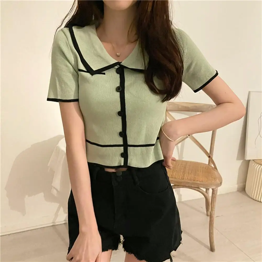 

Women Short-sleeved T-shirt OL Lady Loose Ice Silk High Waist Lapel Collar Single-breasted Contrasting Color Edging Short Tops