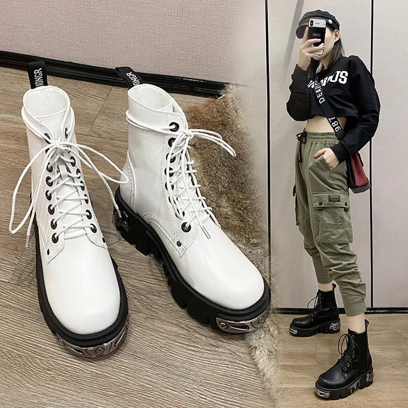 

New Darkness Punk Style Platform Women Ankle Boots Chunky Heel Black Metal Decor Women's Motorcycle Boots Lace UP Top Quality