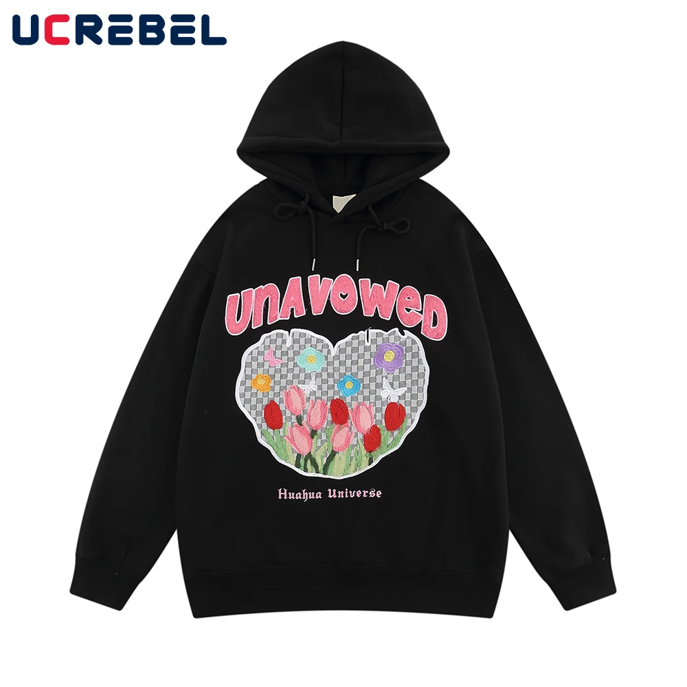 

Худи мужское с цветочной вышивкой, повседневная флисовая толстовка с капюшоном, длинным рукавом, с капюшоном, с надписью, уличная одежда, ос...