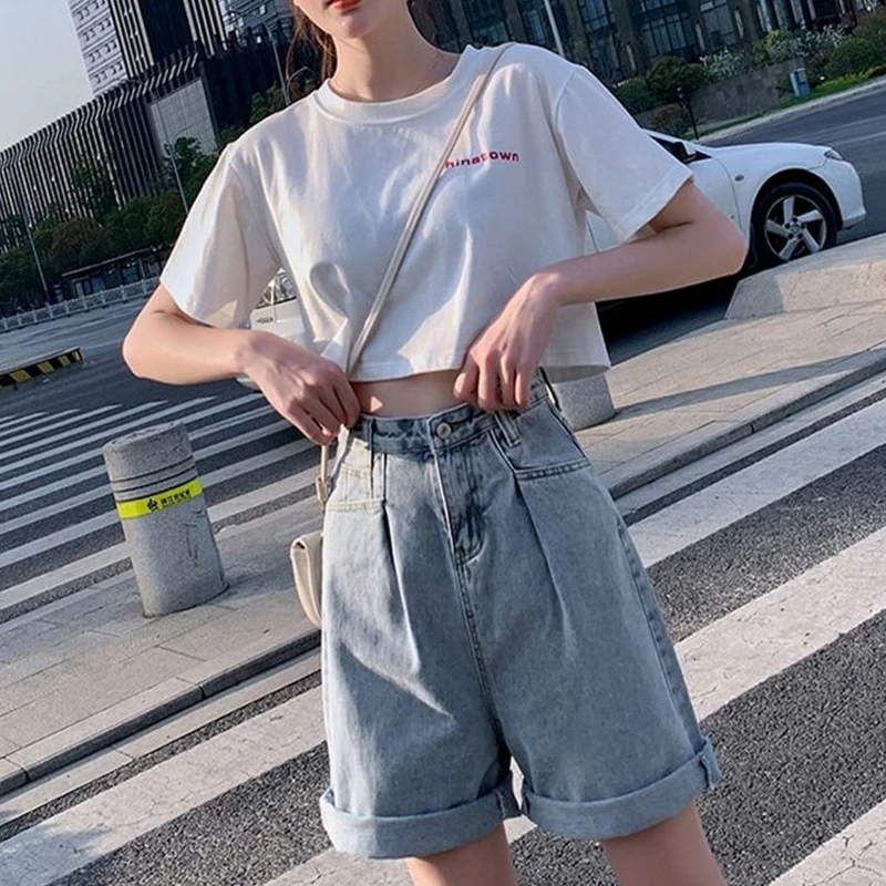 Bermuda Women's Shorts Denim Half Pants Y2K High Waist Long Cute Casual Biker Wide Baggy Korean Jean Shorts Woman Summer Fashion