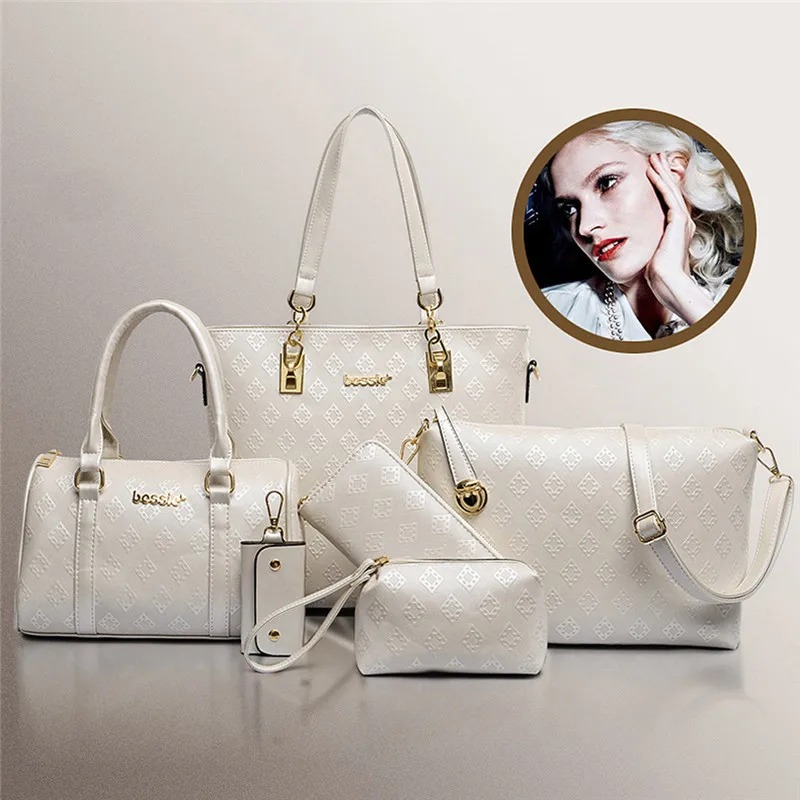 

Hot Women 6-in-1 Handbag Set Elegant Style Women Multi-purpose Composite Bags PU Leather Diamond lattice Print Women Handbag Set
