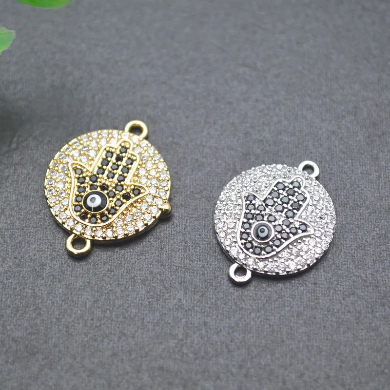 High Quality Nickel Free Anti Rust  Gold Plated CZ Pave Round Hamsa Hand Charm Connectors  for Diy Jewelry Making 10pcs