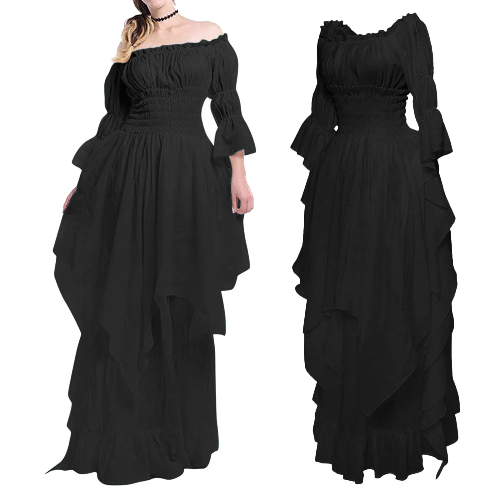 

Women's High Low Dress Puff Sleeve Off Shoulder Ruffle Medieval Costume For Women Dress Cosplay Dress