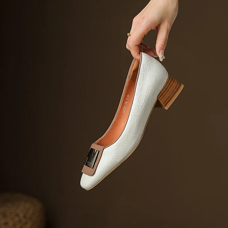 genuine leather pumps fashion metal buckle women shoes square toe shoes woman pumps thick high heels party basic lady shoes