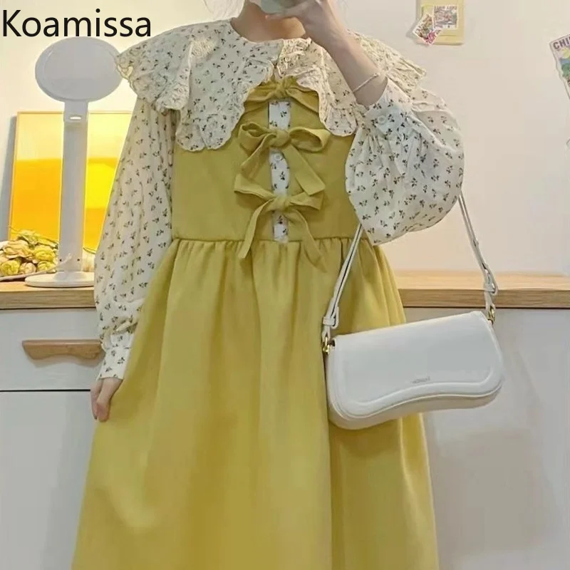 

Koamissa Kawaii Women Two Pieces Set Sweet Floral Loose Shirt Bow Straight Casual Cute Japan Style Dress Chic 2022 New Outfits