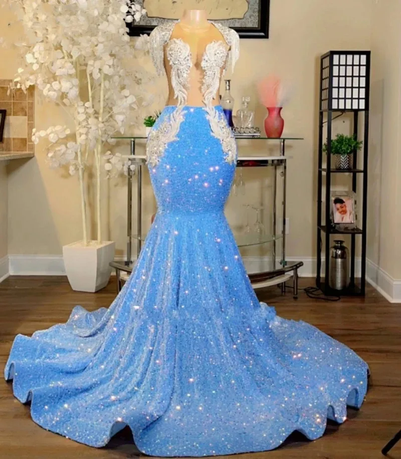

blue prom dresses sequins sparkly shinning mermaid lace appliques sequins long evening dresses gowns black girls