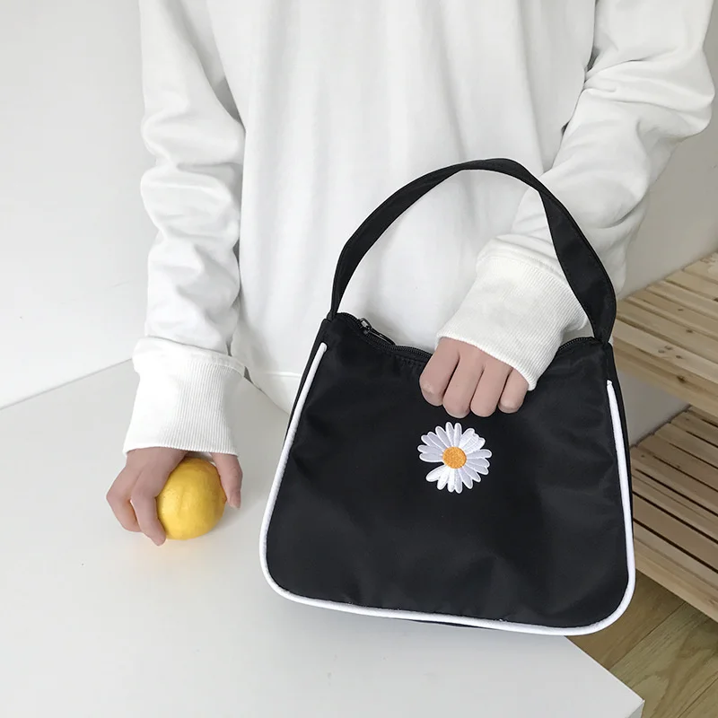

Women Small Canvas Handbag Daisy Embroidery Little Tote Fashion Underarm Bag Zipper Half Moon Design Cloth Purse Makeup Bags