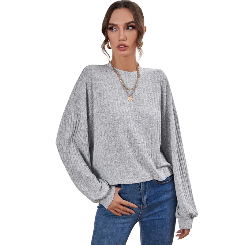 

Women Puff Long Sleeve O-Neck T-Shirt Ribbed Knit Striped Solid Pullover Top