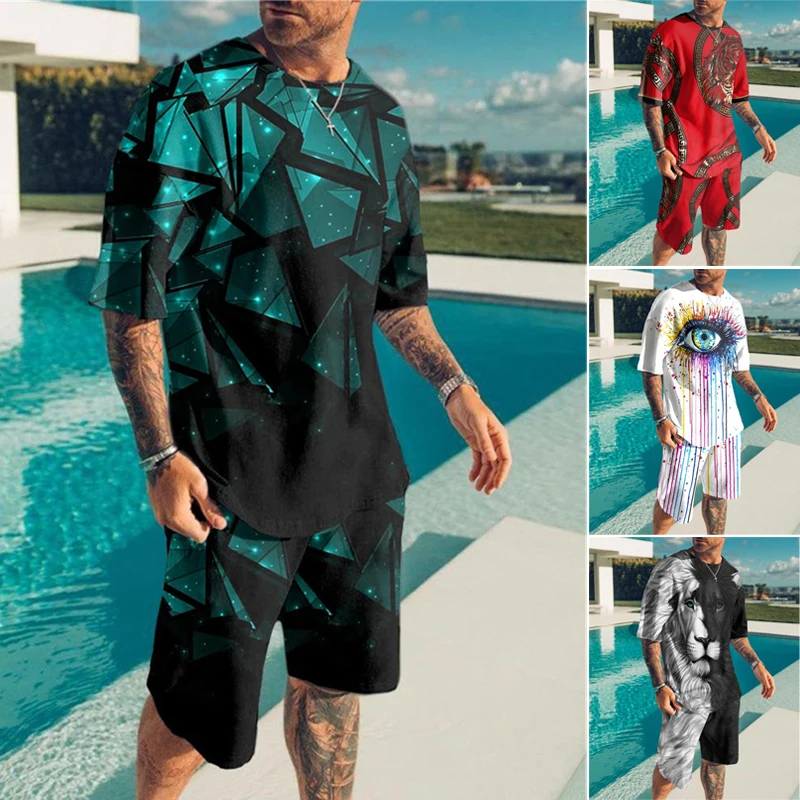 2022 Men Sets Summer Short Sleeve T-Shirt Suit Fashion 2 Piece Streetwear 3D Print Sports Beach Shorts Tracksuit Male Clothes